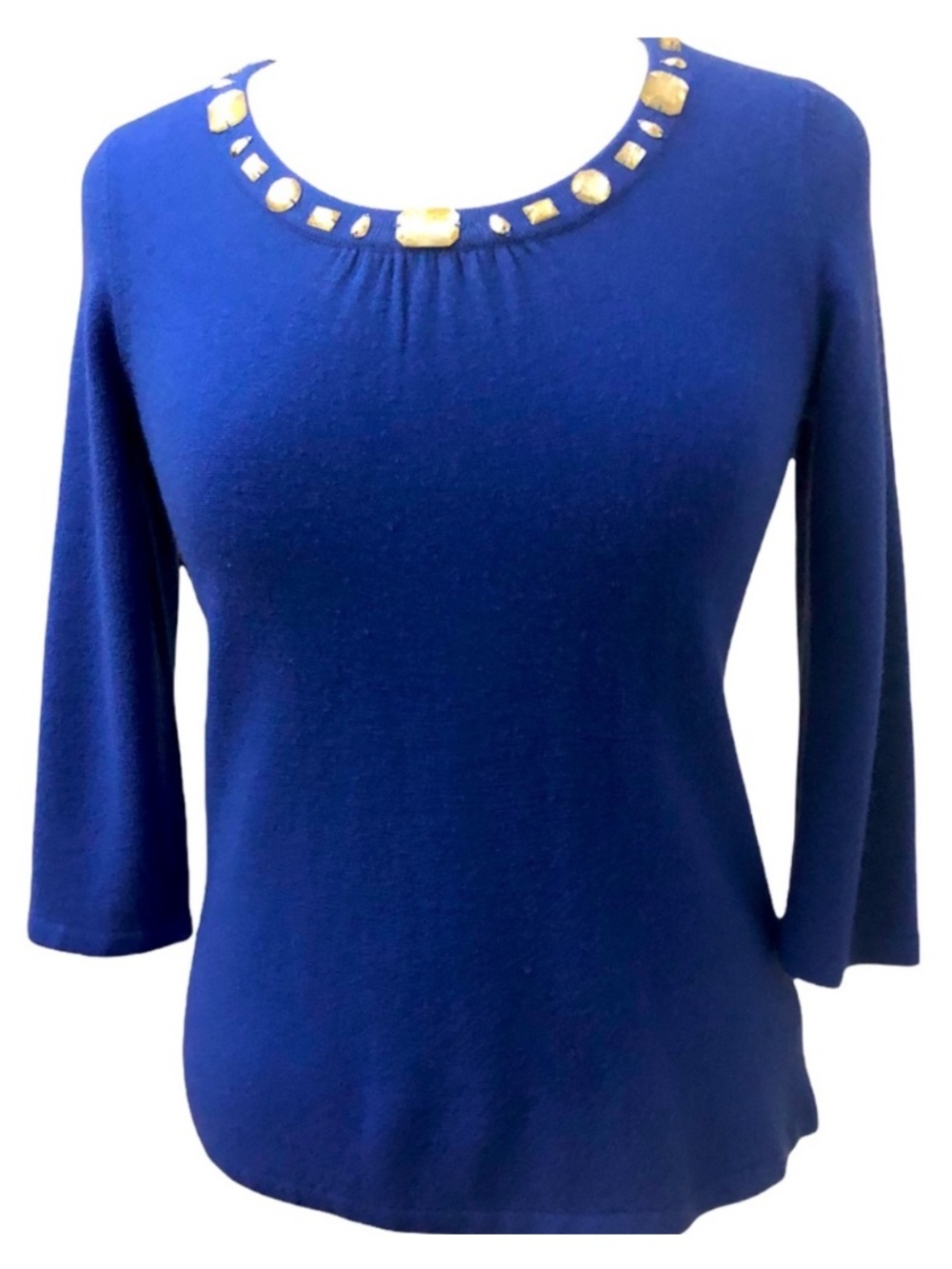 Lux 360 Blue Sweater with Embellished Jewel Neckline